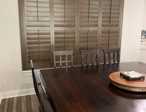 Wood stained plantation shutters 4 1/2” vanes with crown z frames.